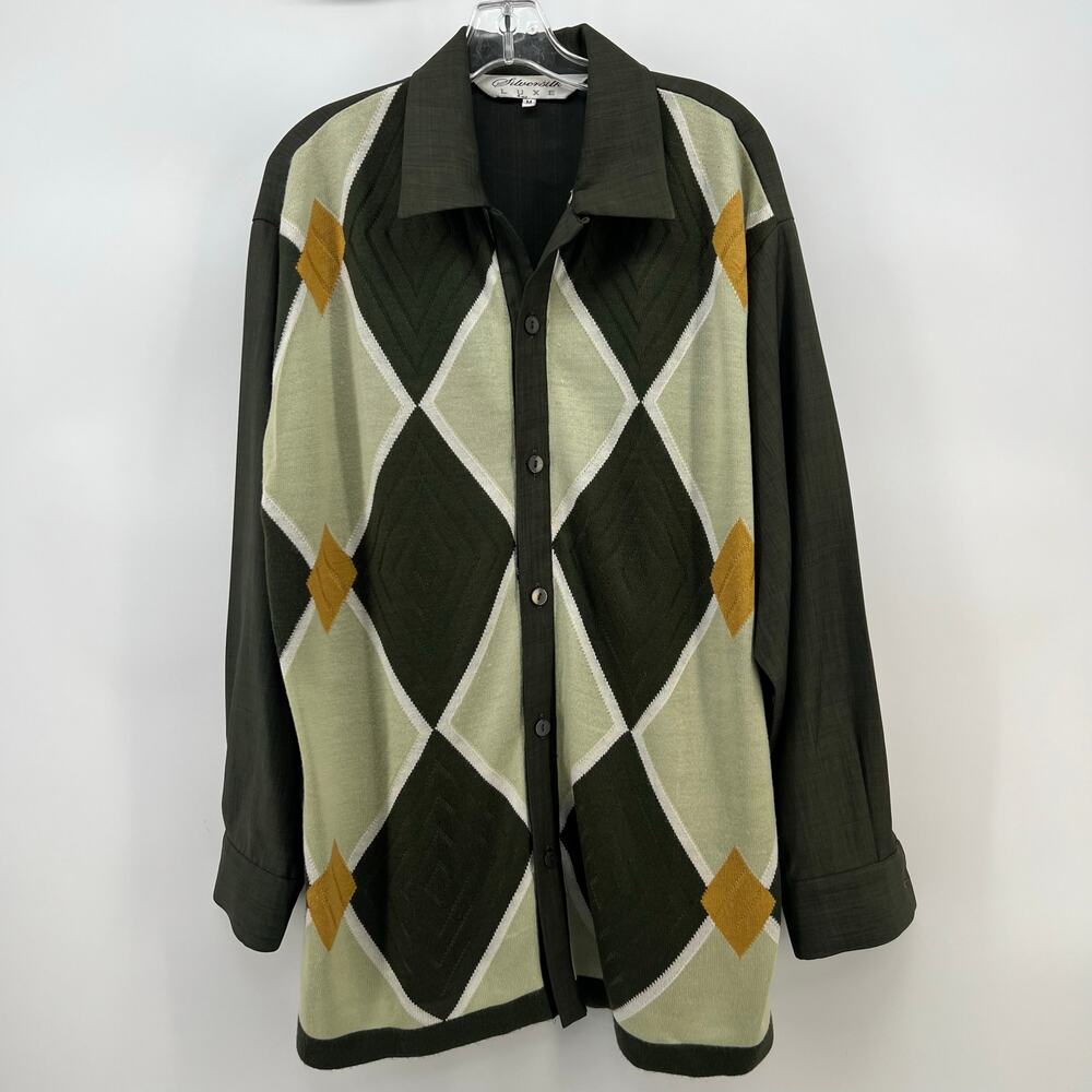 Vintage Silversilk Luxe Olive Button Shirt Knitted Diamond Pattern Men’s Large